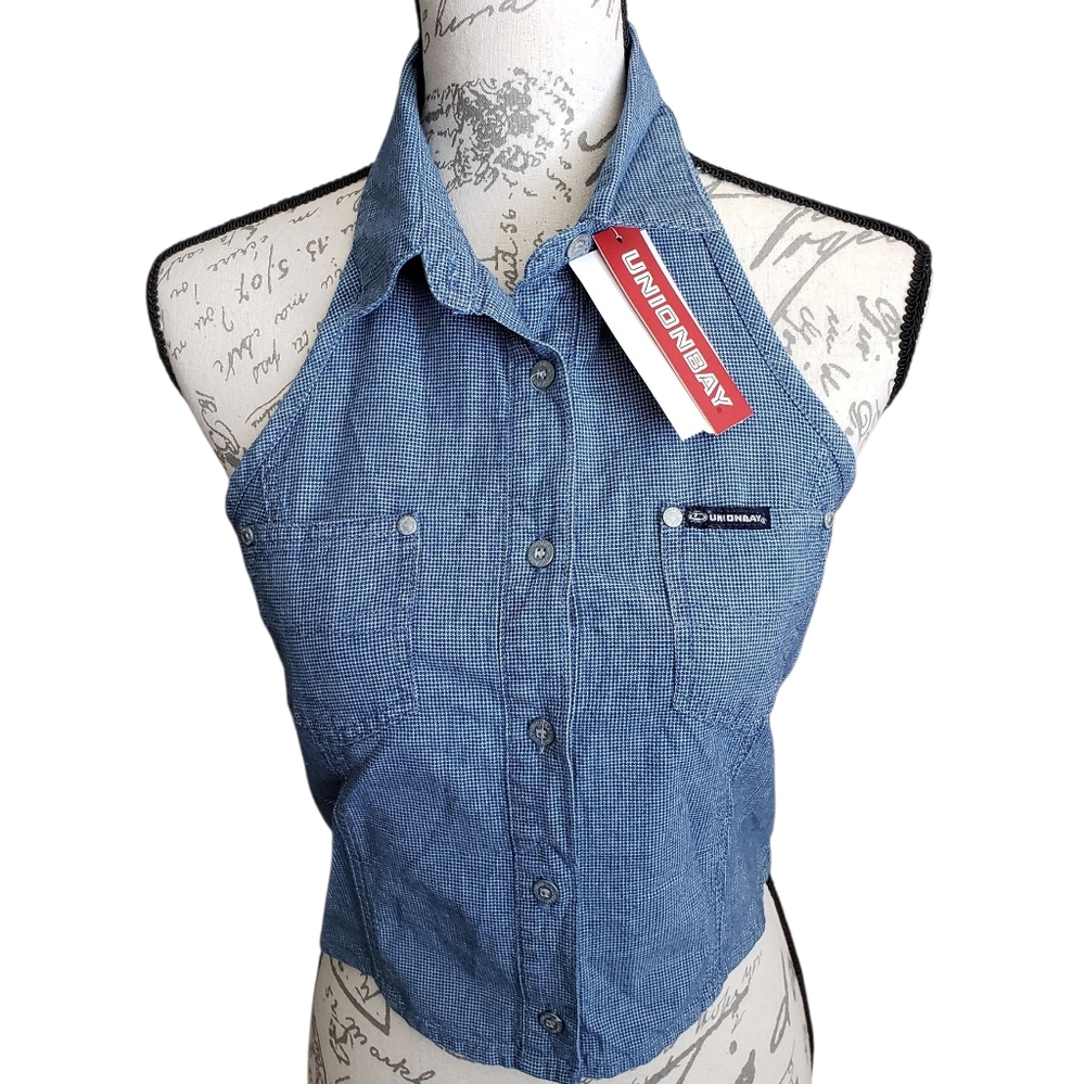 UNIONBAY Vintage Y2K Blue Halter Crop Top Button Up Open Back Western Medium